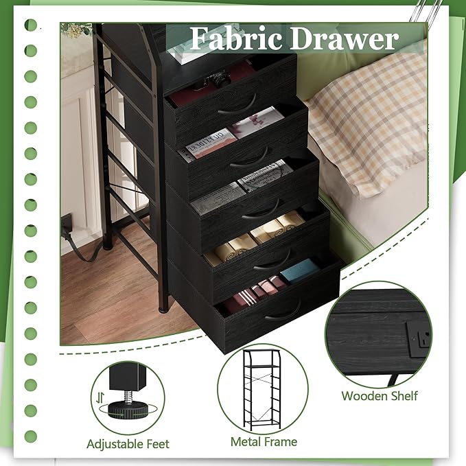 Furnulem 5 Drawers Dresser with Charging Station, Fabric Chest of Drawers wit...