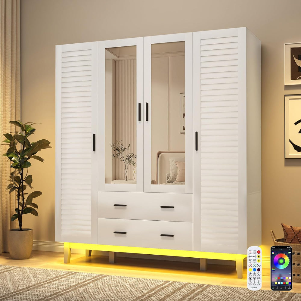 jiteentarou 4 Door Armoire Wardrobe Closet Cabinet with Drawers and LED Light...