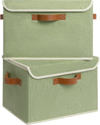 GRANNY SAYS Fabric Storage Bins with Lids, Decorative Storage Boxes with PU Handles, Keepsake Memory box, Shelf Baskets for Closet, Sage Green, Large, 2-Pack