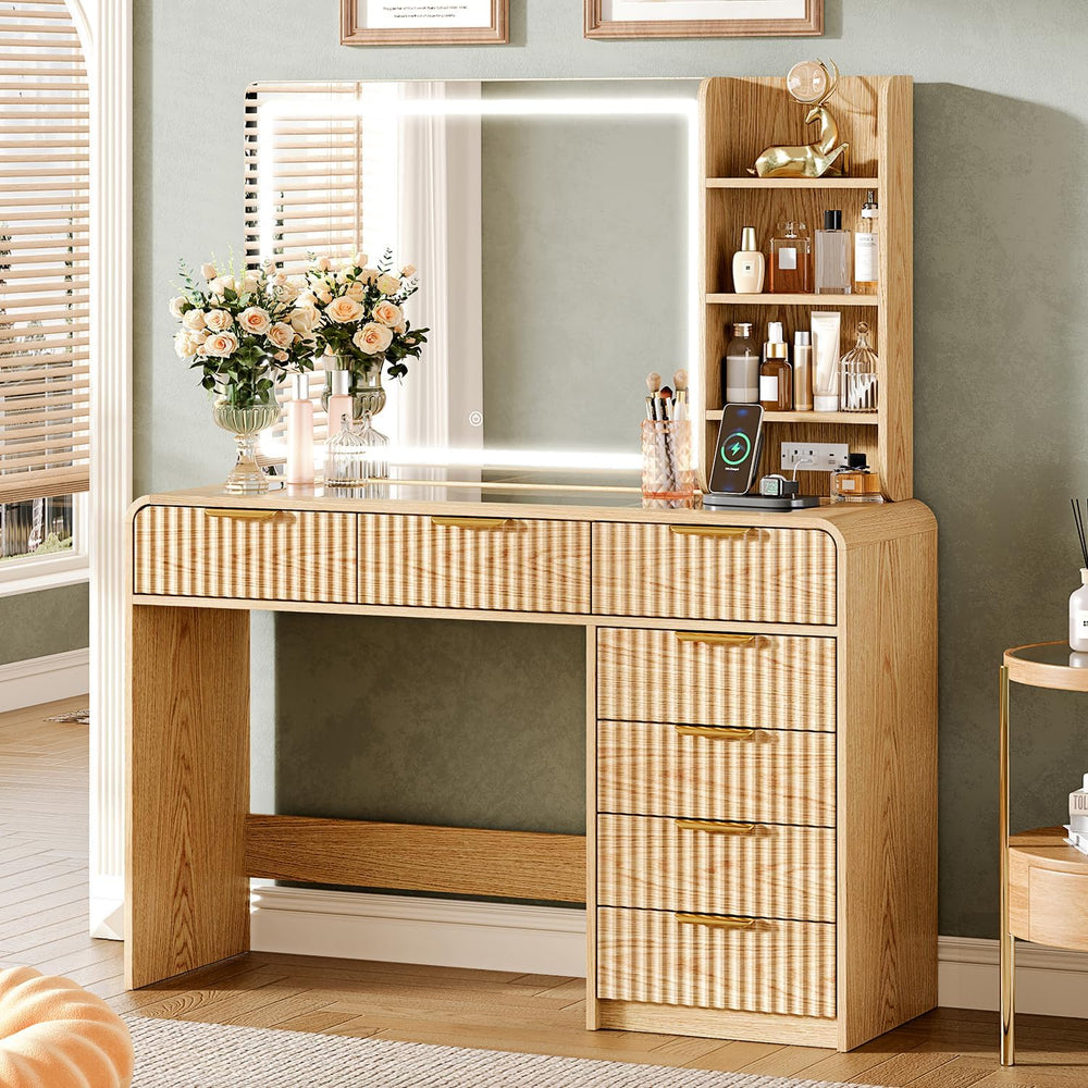 47“Makeup Vanity Desk with Mirror and Lights, Vanity Desk with 7 Drawers &amp...