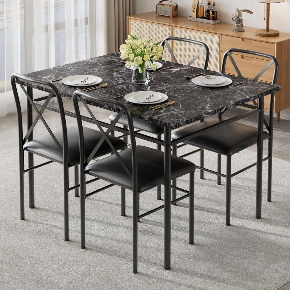 VECELO 5-Piece Dining Table Set for 4 with Upholstered Chairs, Pure Black | F...