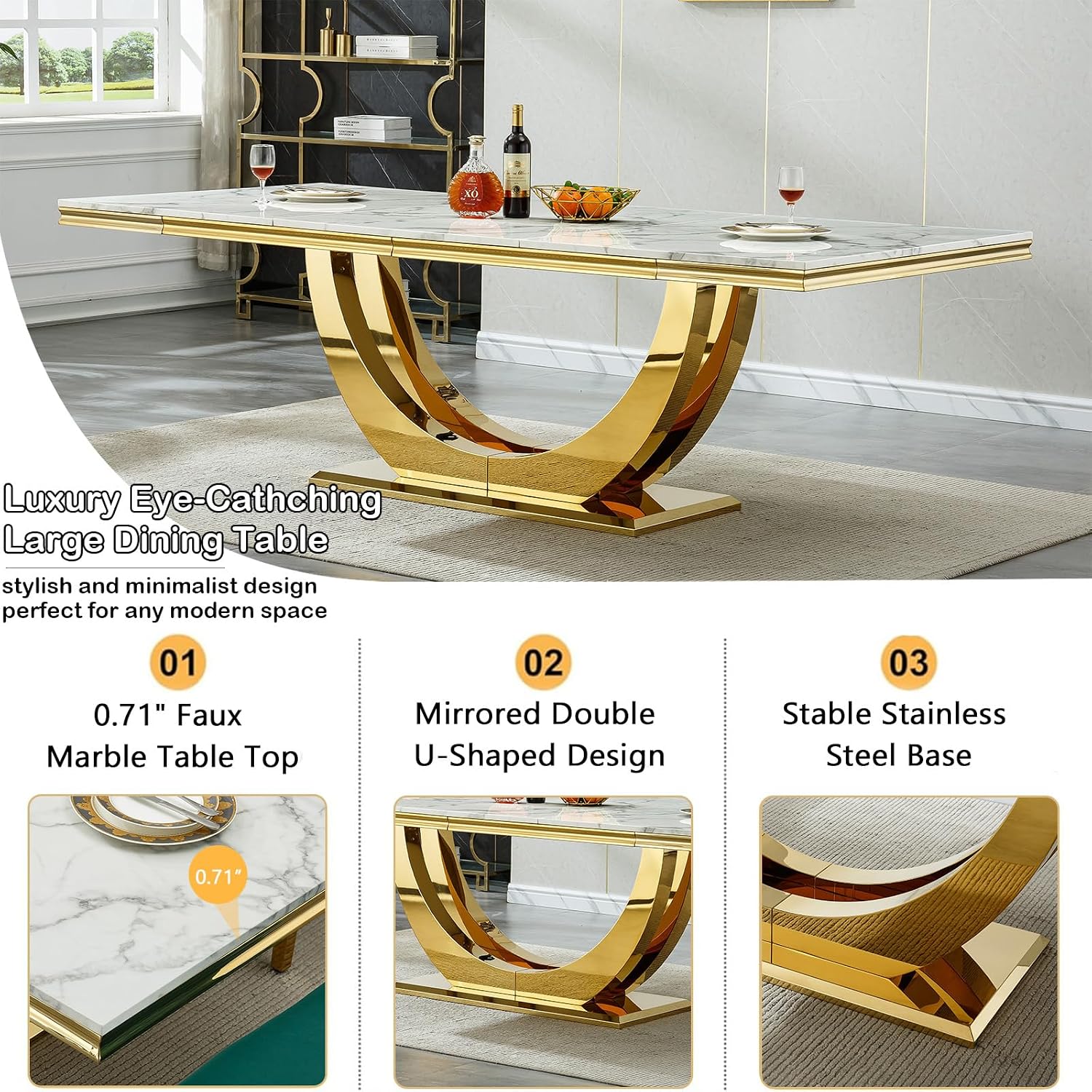94 Inch White Marble Dining Table for 6-10 People, Modern Extra Long Rectangular Kitchen Table w/Faux Marble Top & Gorgeous Mirrored Stainless Steel Base, Large Rectangular Gold Dining Room Table