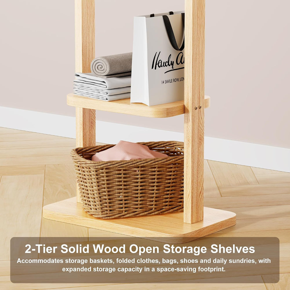 Solid Wood Coat Rack Freestanding, Clothing Rack with 5 Hooks & Bottom Sh...