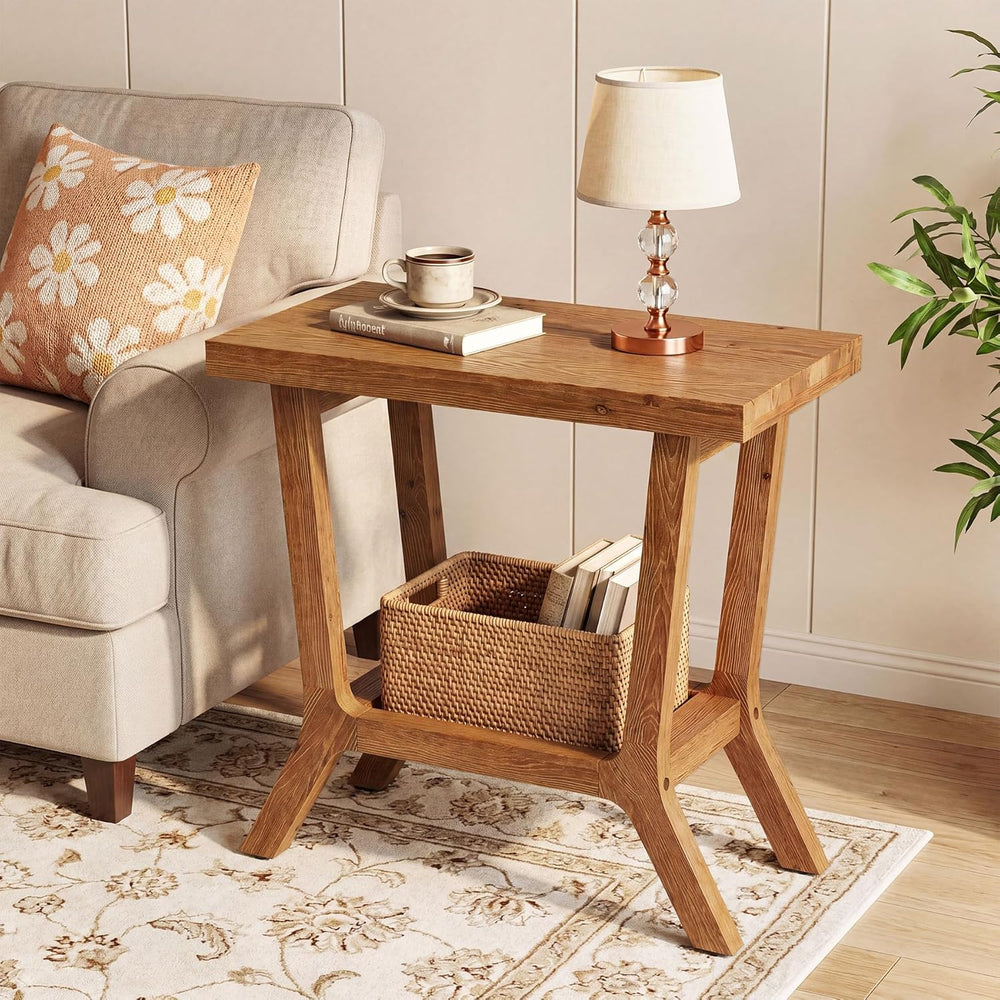 Solid Wood End Table, Small Wooden Side Table with 2-Tier Storage, Narrow Rus...
