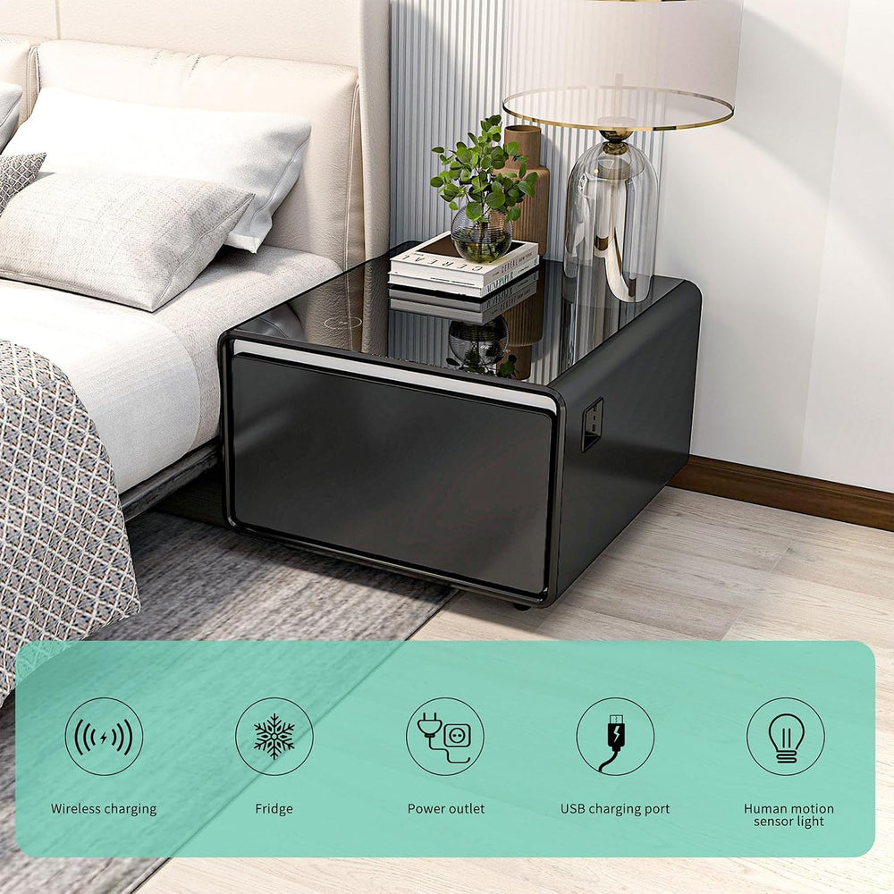 Modern Smart Side Table with Built-in Fridge Drawer (37-46°F), 15W Wireless C...