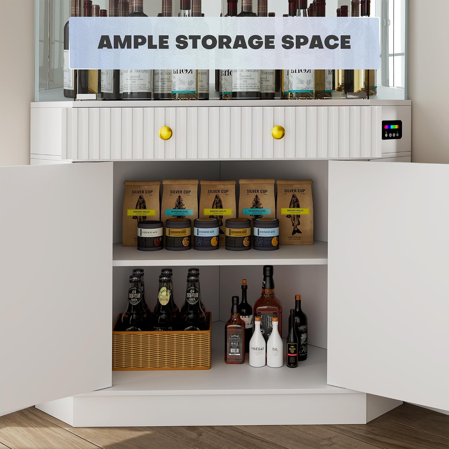 Vlsrka 71" Tall Corner Bar Cabinet with RGB Lighting & Motion Sensor LED | Corner Wine Cabinet with Mirror Back & Glass Doors, Modern Liquor Cabinet with Textured Storage for home living room, White