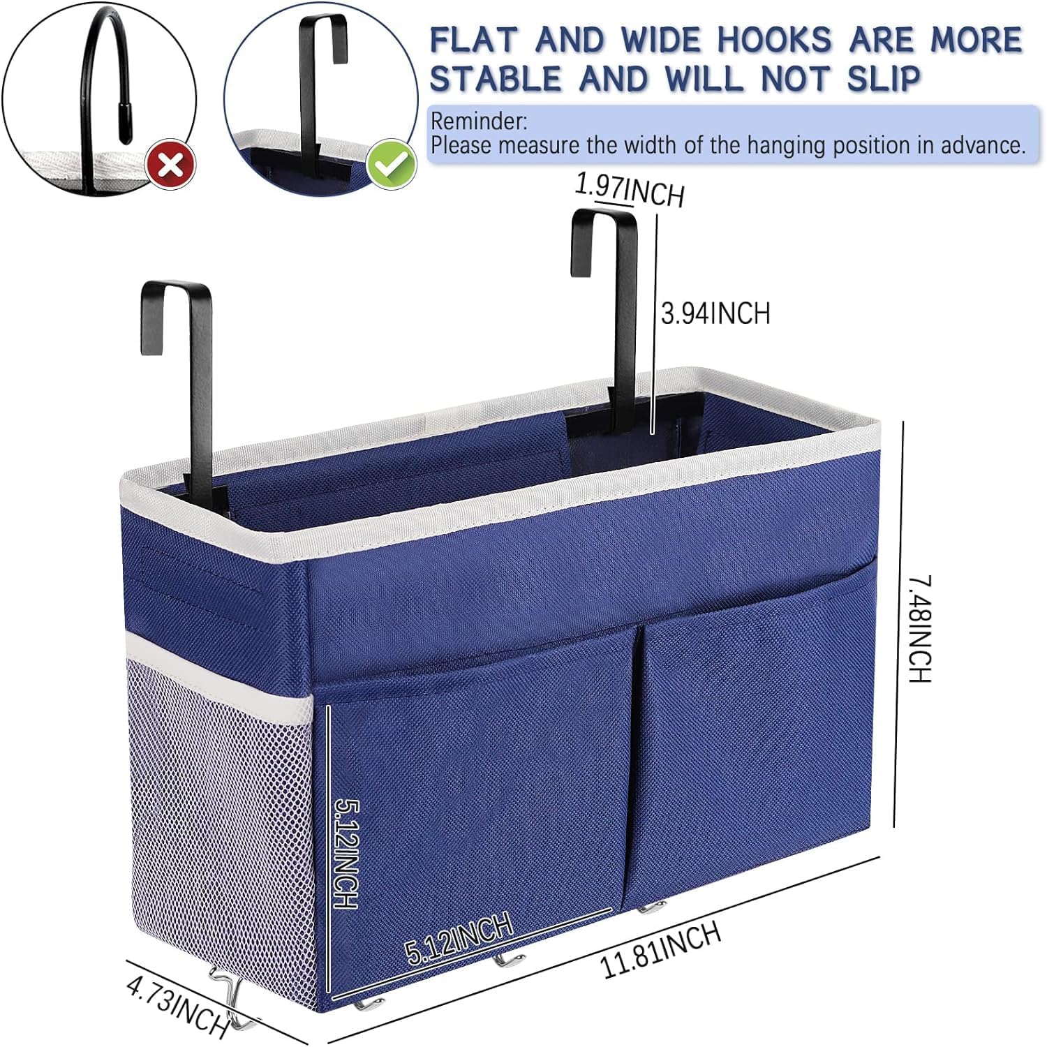 Bedside Storage Organizer 5 Pockets with 4 Hooks Hanging Storage Bag for Headboards/Bunk Bed (2Pack Dark Blue)