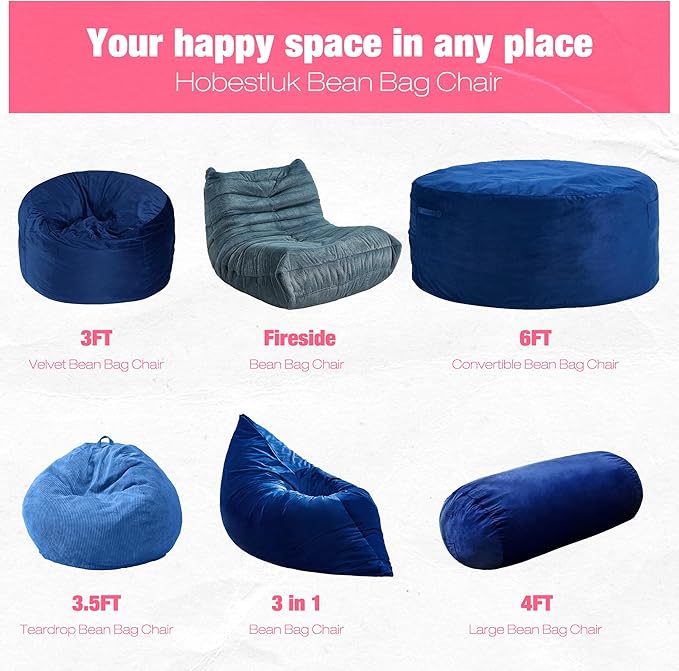 Hobestluk 4FT Bean Bag Chair Large Beanbag with Removable Cover Adult Bean Ba...