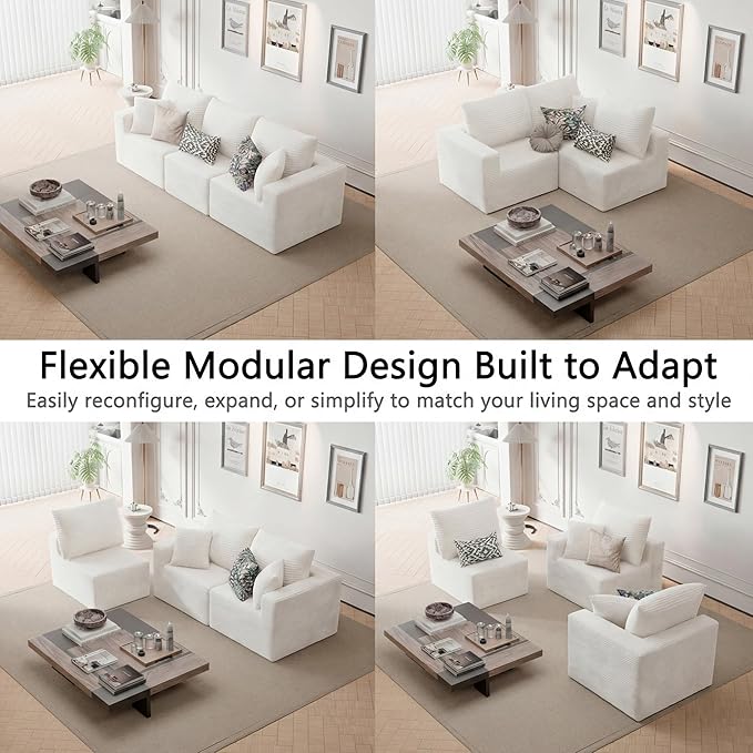 Homall Sectional Couches for Living Room, Modern Boneless Couch with Deep Seat, Upholstered Cloud Sofa, No Assembly Required (Beige, Three-Seater Sofa)