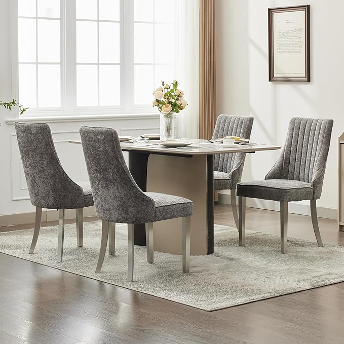 Grey Mid Century Dining Chairs Set of 2, Modern Kitchen & Dining Room Chairs Set of 2, Chenille Fabric Upholstered Kitchen Chairs for Dining Table, Sillas de Comedor, Silver Legs (Gray, 2 Pcs)