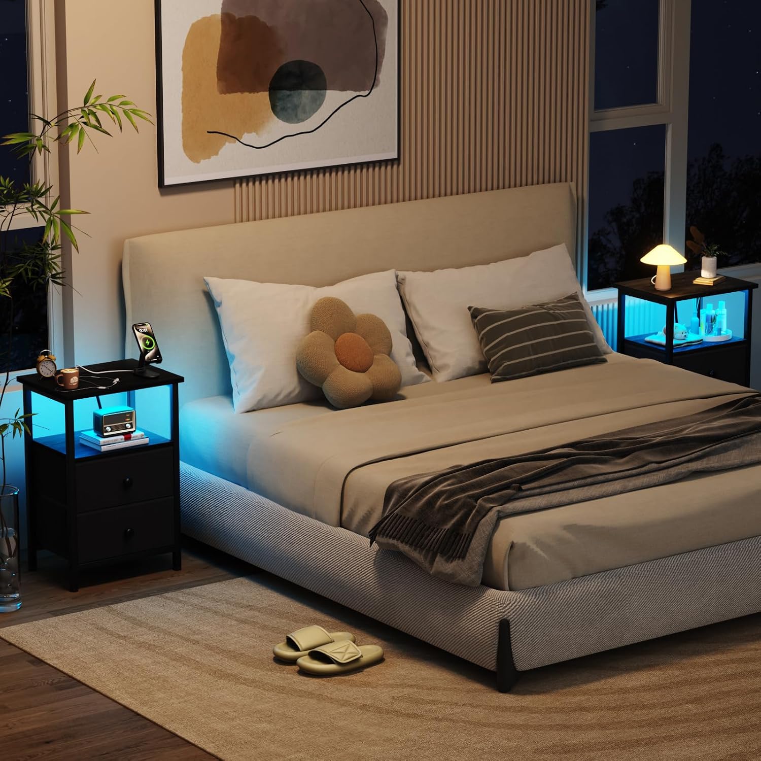 LOAKEKEL Night Stand, LED Black Nightstand with Charging Station | Small Bedside Table with USB Ports & Outlets, Side Table with Type-C and LED Lights, 2 Fabric Storage Drawers for Bedroom