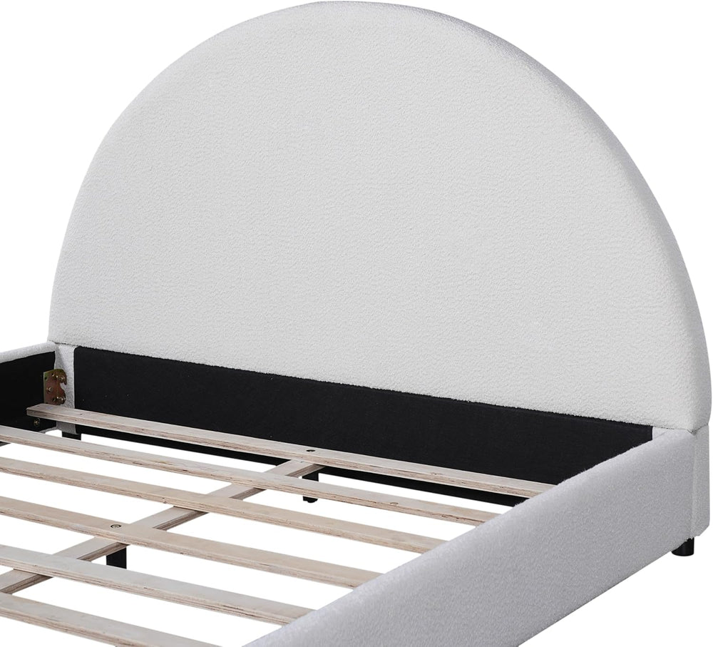 Queen Bed Frame, White Boucle Upholstered Curved Arch Headboard