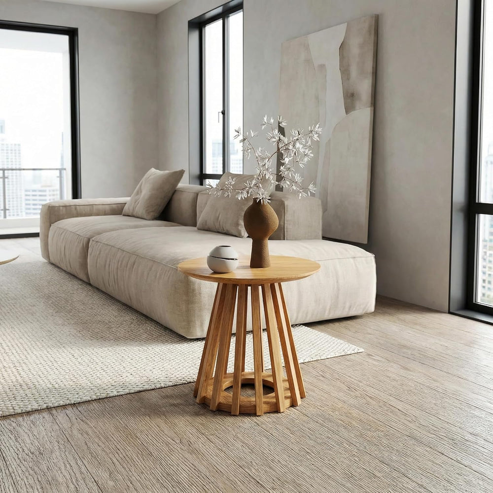 HNY Modern Round Fluted End Table, Wood Pedestal Side Table, Drum Accent Beds...