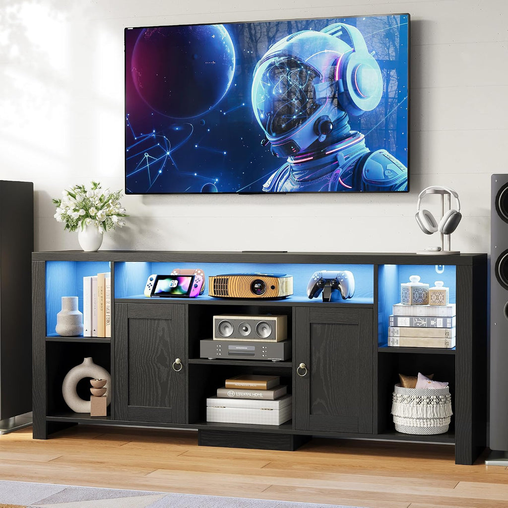 LIKIMIO 70" TV Stand for TVs up to 80", LED Entertainment Center, Black | Built-in Power Outlet, LED Lights, Wood Finish, 2 Storage Cabinets, Adjustable Shelves, TV Console for Living Room