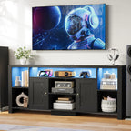 LIKIMIO 70" TV Stand for TVs up to 80", LED Entertainment Center, Black | Built-in Power Outlet, LED Lights, Wood Finish, 2 Storage Cabinets, Adjustable Shelves, TV Console for Living Room