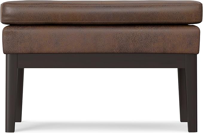 SIMPLIHOME Carlson 27-inch Wide Vegan Faux Leather Small Ottoman Bench in Distressed Chestnut Brown with Solid Wood Frame for Living Room, Entryway, or Bedroom