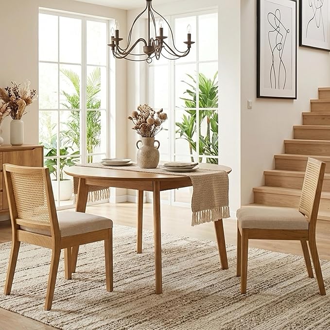 HNY Farmhouse Rattan Dining Chairs Set of 2, Mid Century Modern Kitchen & Dining Room Chairs, Cane Upholstered Kitchen Side Chair with Natural Hardwood Frame, Beige