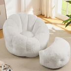 Bean Bag Chair with Ottoman, Flower Shape Bean Bag Chairs for Adults and Teens, Comfy Plush Faux Fur Bean Bags for Living Room, Bedroom, Apartment, Dorm, White