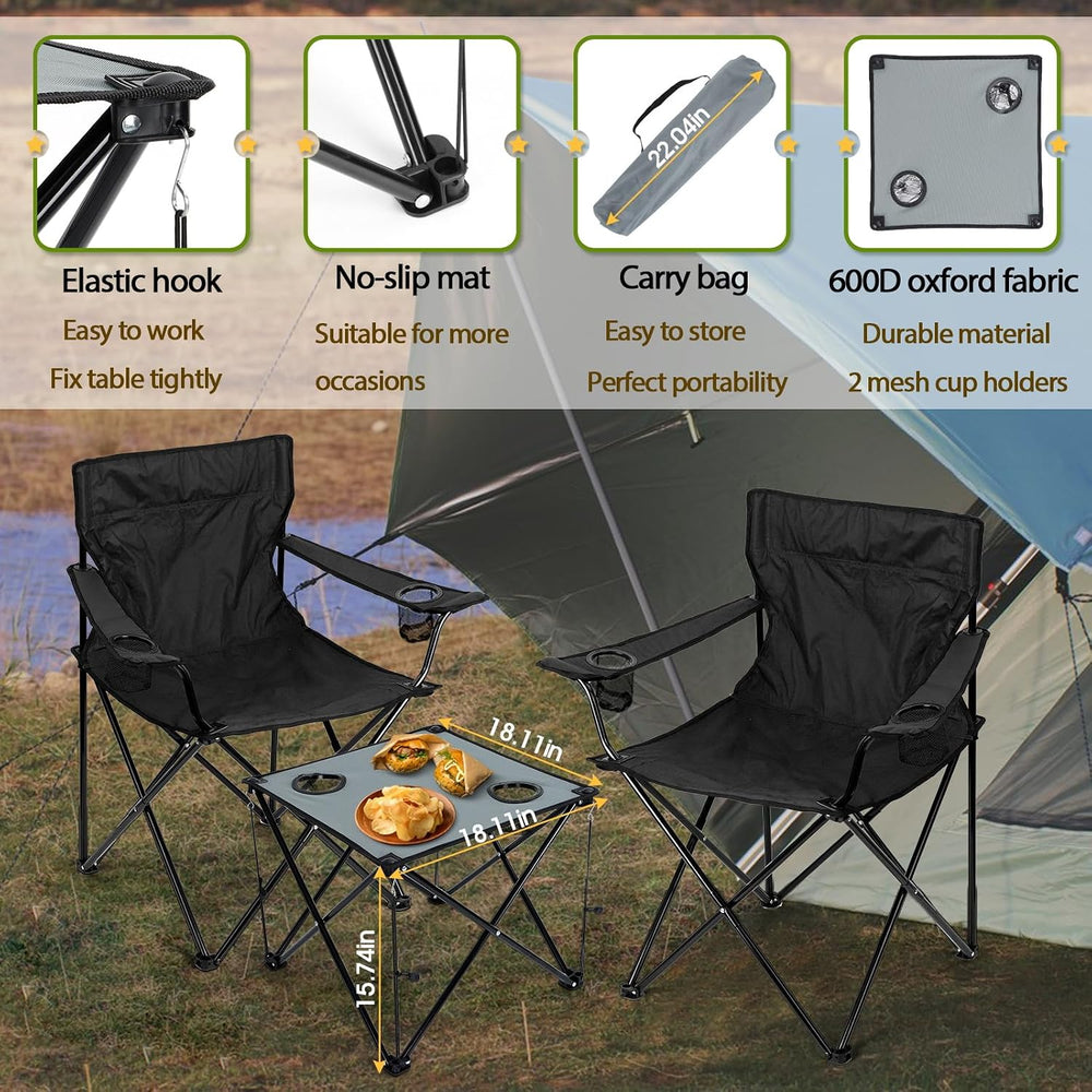 HaSteeL Folding Camping Chair Set of 3, Foldable Black Camp Chairs & Grey...
