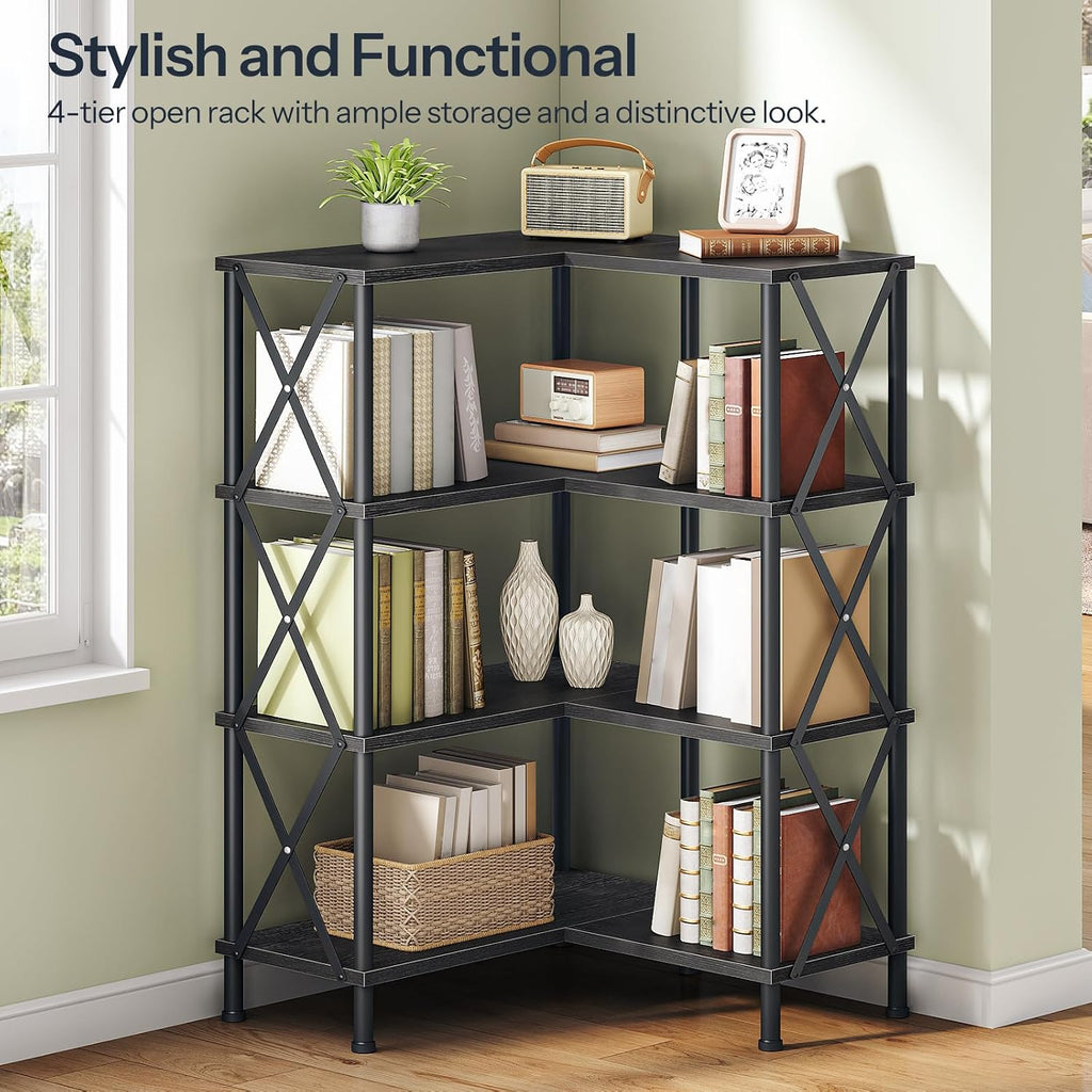 HOOBRO Corner Bookshelf, 4-Tier L-Shaped Bookcase, Industrial Open Display Shelf Tall Storage Organizer, Vertical Storage Rack, for Living Room, Home Office, Black BB59SJ01