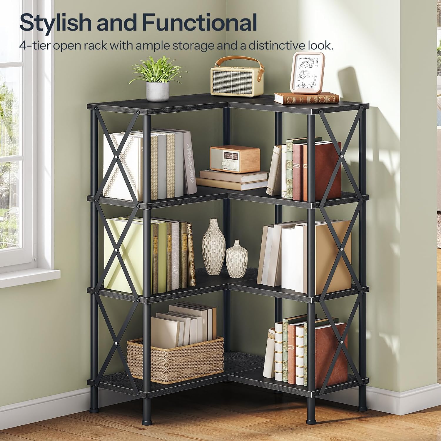 HOOBRO Corner Bookshelf, 4-Tier L-Shaped Bookcase, Industrial Open Display Shelf Tall Storage Organizer, Vertical Storage Rack, for Living Room, Home Office, Black BB59SJ01