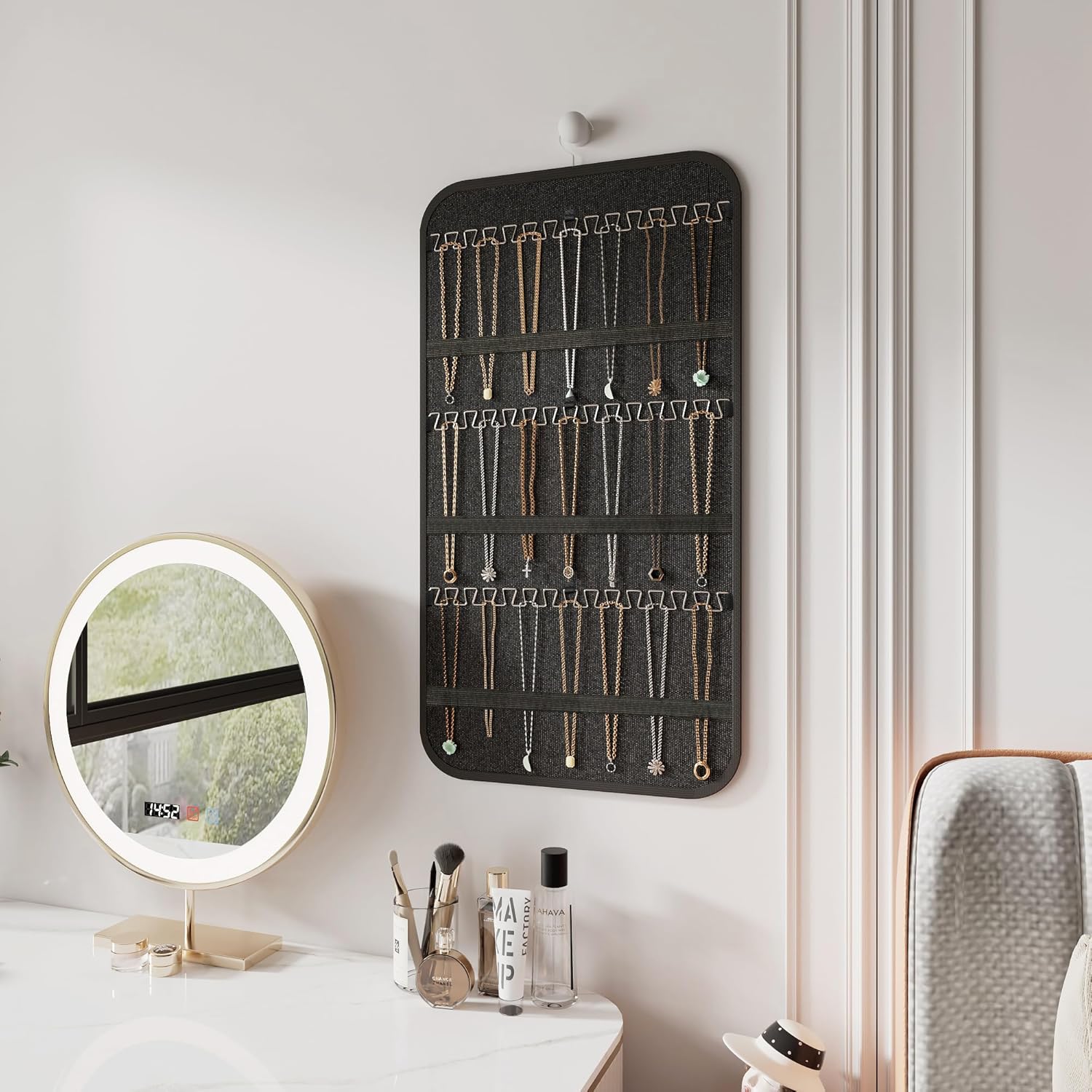 Hanging Jewelry Organizer Storage, 40 Pockets 36 Hooks Necklace Earring Bracelet Ring Organizer, Double - Sided Design, Black and Beige