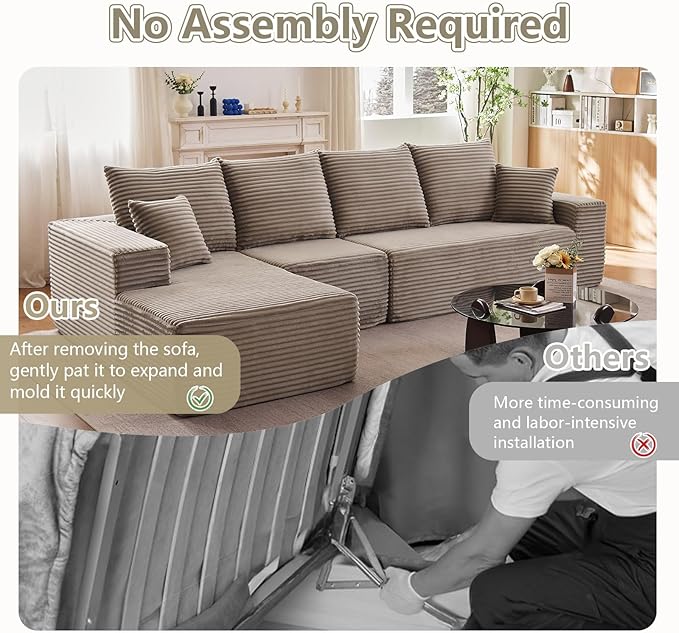 135" Cloud Sectional Couch with L-Shape Chaise, Modern Modular Comfy Sofa with Deep Seat, Upholstered Corduroy Couches Sleeper Chaise Longue for Living Room Bedroom, No Assembly Required, Camel