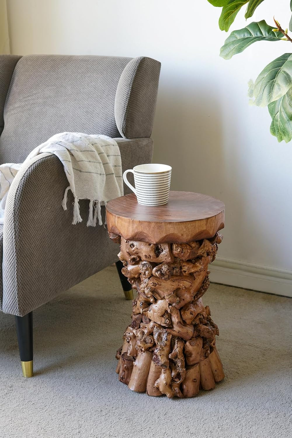 WILLIAMSPACE 11.8" Solid Wood Side Table with Organic Tree Root Base, Mo...