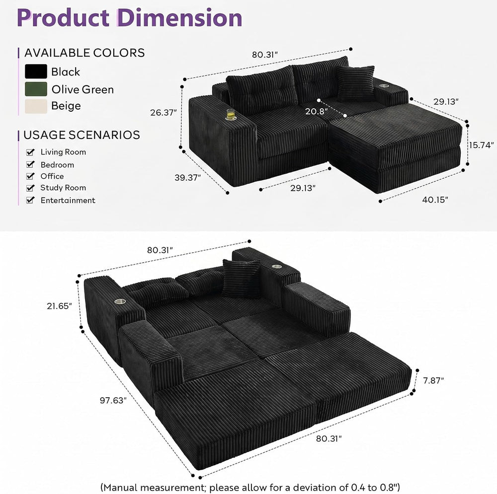 80.31“ Modular Sectional Cloud Couch, Loveseat with Ottoman, Black | Corduroy...