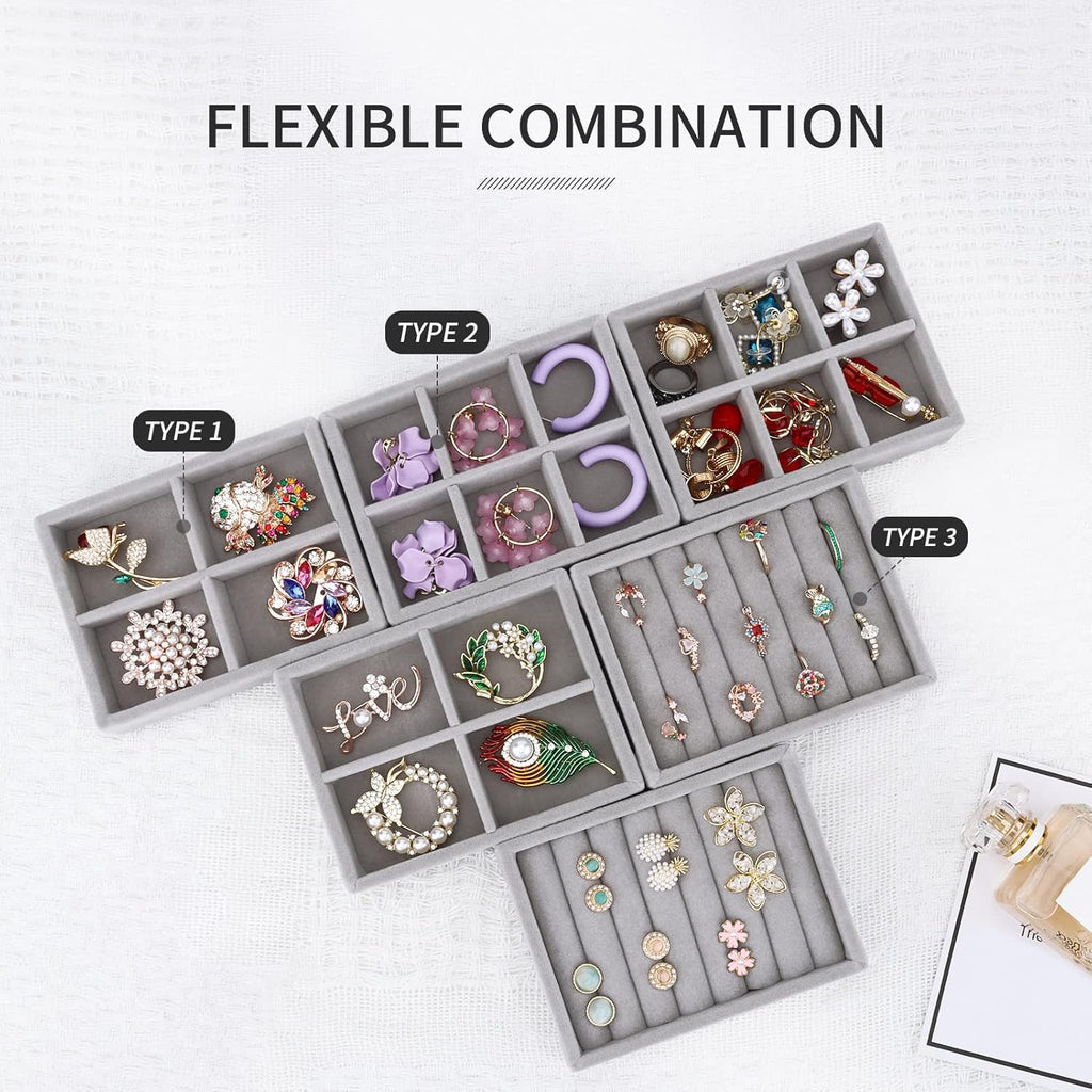 DesignSter Small Jewelry Tray, 2PCS Ring Organizer, Velvet Jewelry Display Tray, Stackable Jewelry Organizer Trays, Jewelry Drawer Organizer Inserts For Dresser, Jewelry Box (Gray)