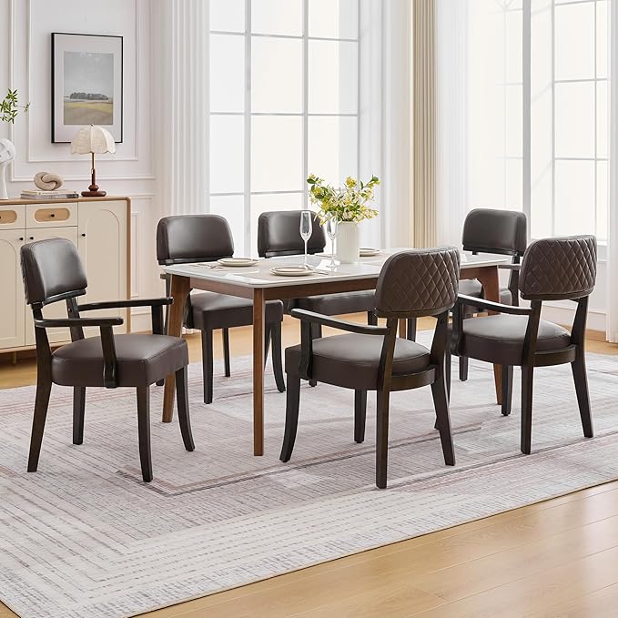 PU Leather Dining Chairs with Arms Set of 6, Upholstered Dining Room Chairs with Hardwood Legs & Open Curved Backrest,Modern Accent Kitchen Chairs 350 LBS Capacity, Brown
