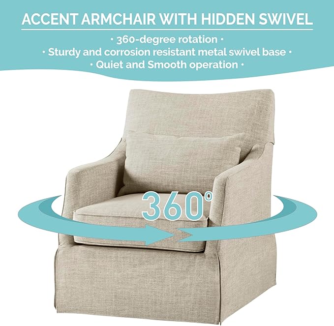 Martha Stewart London Swivel Chair - Solid Wood & Plywood, Skirted Metal Base Accent Armchair, Lumbar Pillow -Modern Classic Family Room Sofa Furniture Bedroom Lounge, 28"X31.5"X35.25", Beige Multi