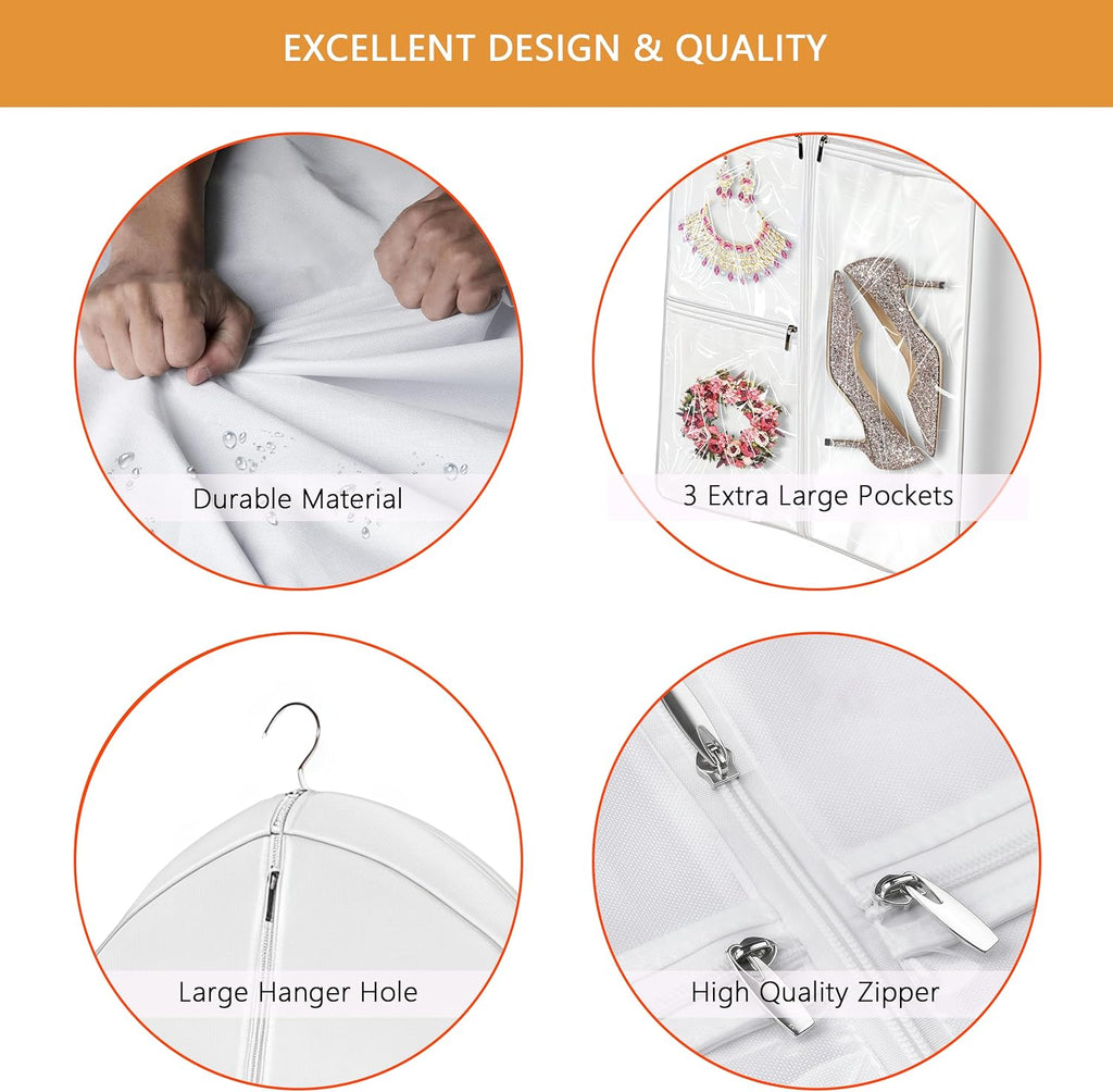 72" Dress Bag for Long Dress for Gowns Wedding Dress Quinceanera Dress Sweet 16 Dress Vestido de 15 años Prom Dress Long 3 Extra Pockets Dress Garment Cover for Women, White