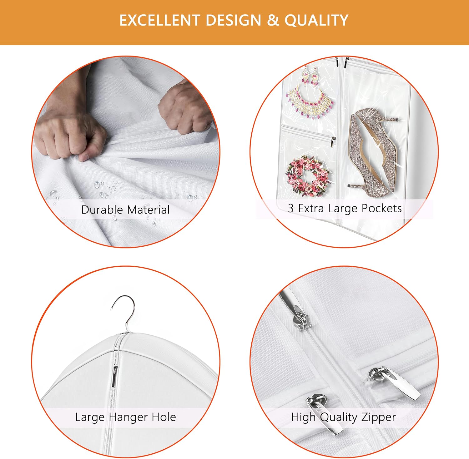 72" Dress Bag for Long Dress for Gowns Wedding Dress Quinceanera Dress Sweet 16 Dress Vestido de 15 años Prom Dress Long 3 Extra Pockets Dress Garment Cover for Women, White