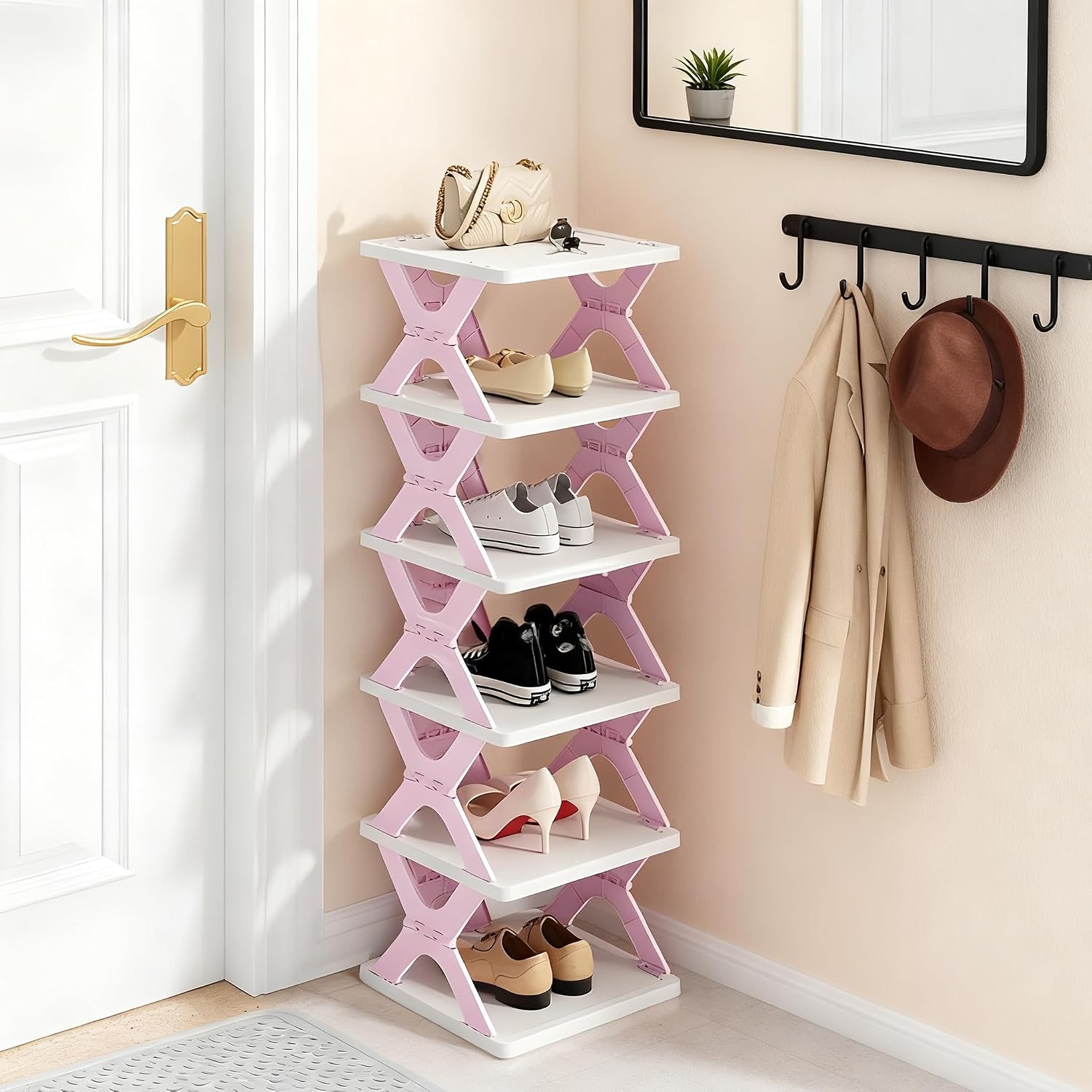 Shoe Rack, Collapsible Kids Shoe Rack, 6-Tier Small Foldable Shoe Organizer for Entryway, Dorm, Bedroom (Pink-x)
