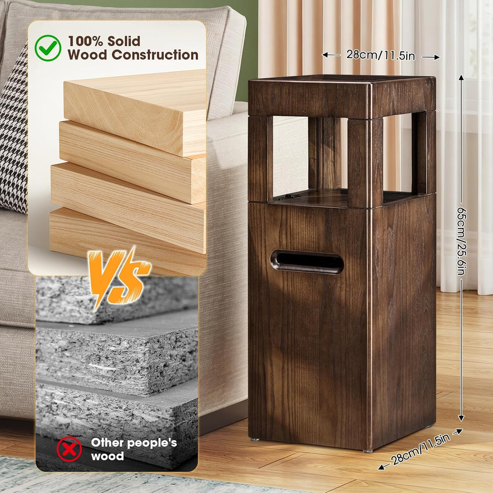 Multi Use Side End Table with Charging Station for Living Room, Solid Wood Sm...