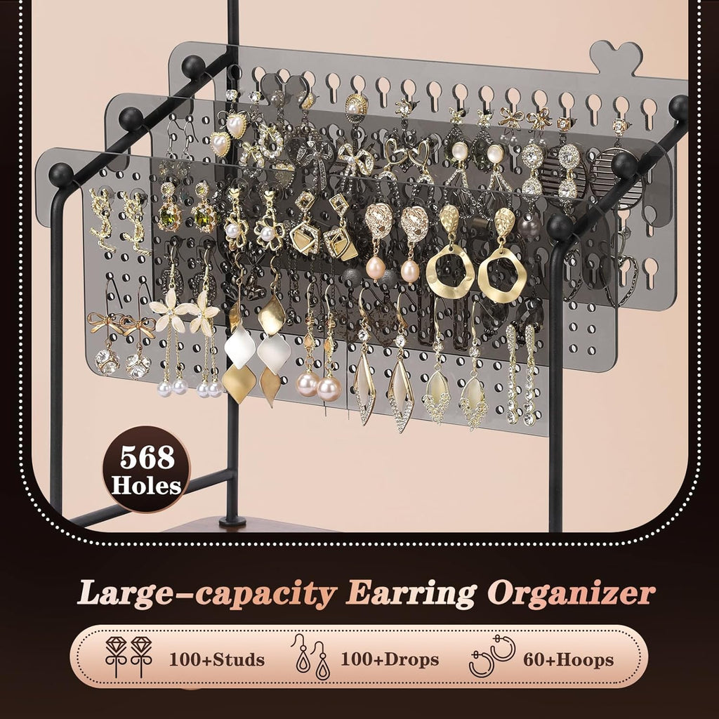 Earring Organizer, Earring Holder Display Stand with 3 Earring Storage Pegboards 568 Holes, Jewelry Organizer with Hook Rack for Stud Earrings Necklace, Acrylic Large Jewlery Hanger Towers for Women