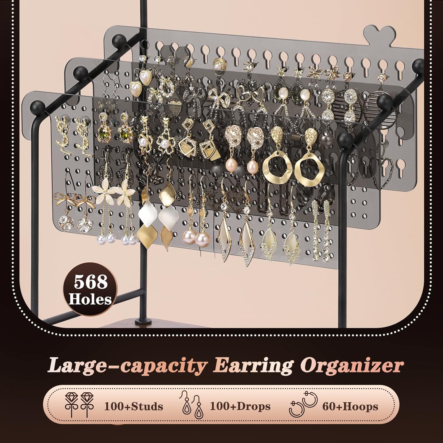 Earring Organizer, Earring Holder Display Stand with 3 Earring Storage Pegboards 568 Holes, Jewelry Organizer with Hook Rack for Stud Earrings Necklace, Acrylic Large Jewlery Hanger Towers for Women