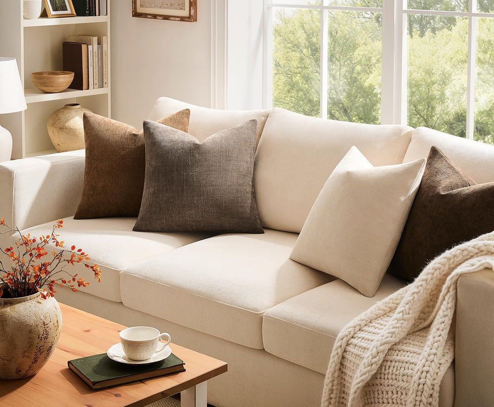 Pack of 4 Throw Pillow Covers 20x20 Inch Chenille Textured Neutral Brown Soft...