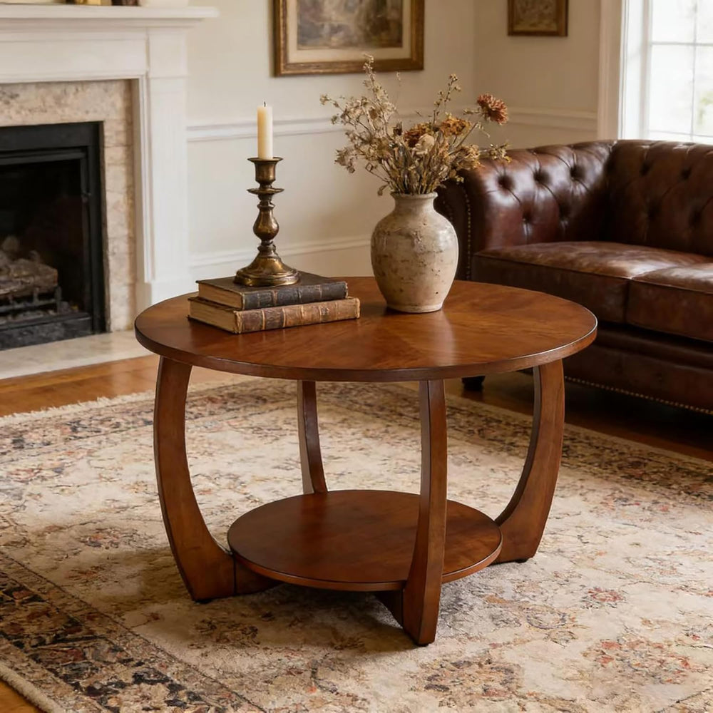 29.5" Round Coffee Table, 2-Tier Circle Coffee Table with Storage Remova...
