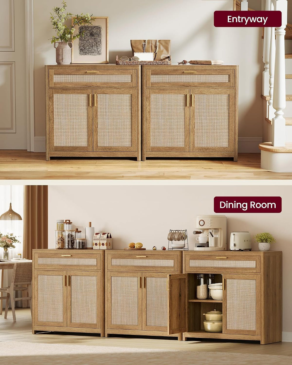 VASAGLE Boho Buffet Cabinet with Rattan-Look Doors, Adjustable Shelf