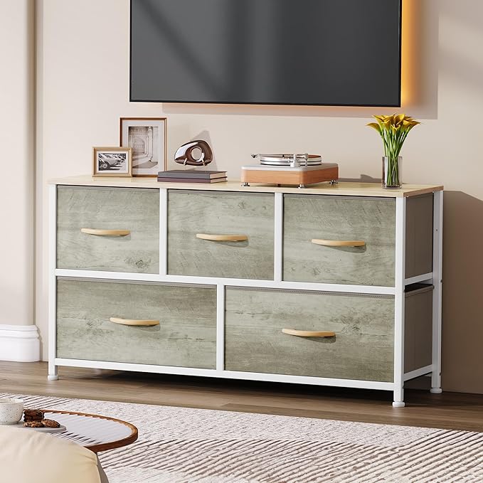 DWVO Wide Chest of Drawers, Dresser with 5 Drawers, Oak Grain Fabric Storage Tower, Dresser for Bedroom with 5 Drawers, Living Room, Closets - Sturdy Steel Frame, Wooden Top