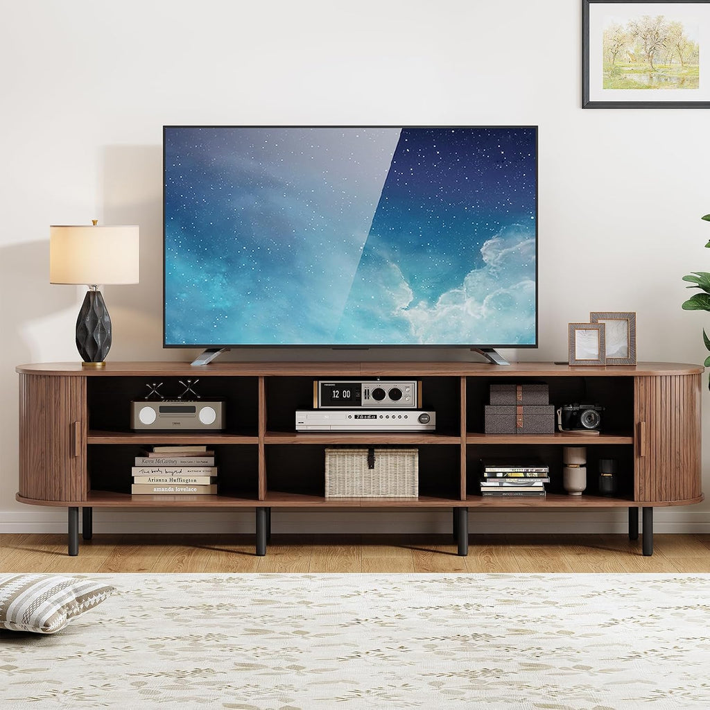86.6" TV Stand with Power Outlet, Mid-Century Modern Television Stand, Fluted Media Console with Sliding Doors, Entertainment Center for TVs up to 90 Inch, Adjustable Shelves, Walnut