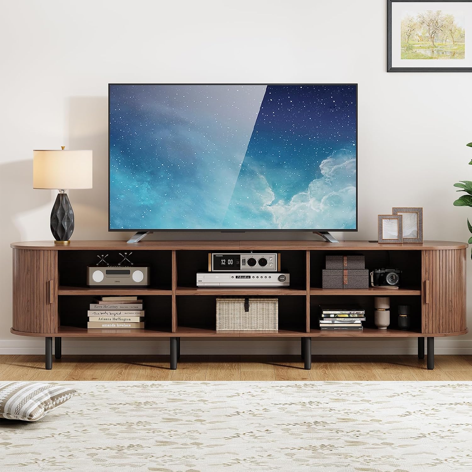 86.6" TV Stand with Power Outlet, Mid-Century Modern Television Stand, Fluted Media Console with Sliding Doors, Entertainment Center for TVs up to 90 Inch, Adjustable Shelves, Walnut