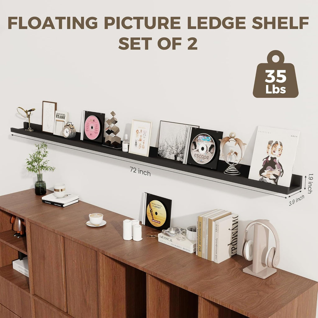 Axeman 72 Inch Black Floating Shelves for Wall | Picture Ledge Shelf Set of 2 | Rustic Picture Shelf for Wall with Ledge | Floating Shelves with Lip | Photo Ledge Shelves for Books Album Records