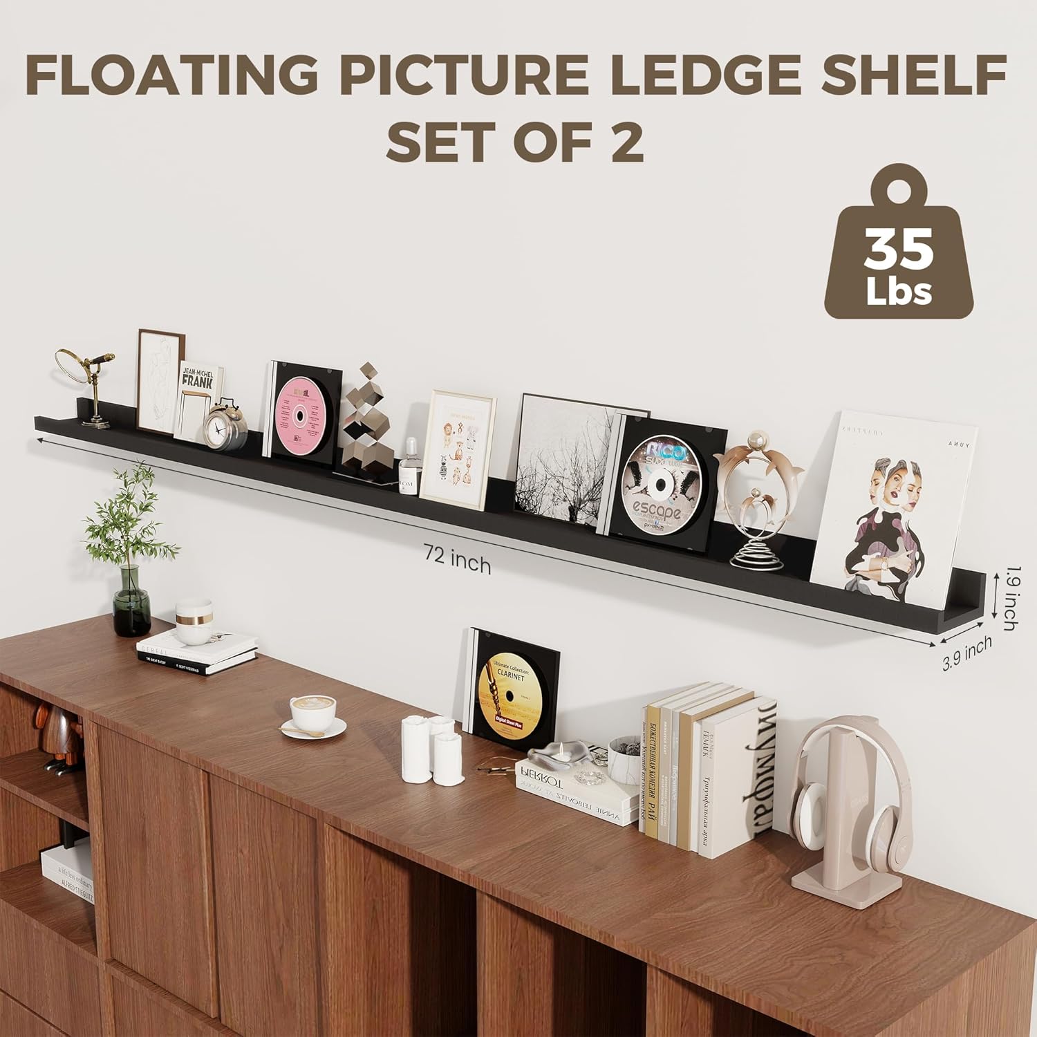 Axeman 72 Inch Black Floating Shelves for Wall | Picture Ledge Shelf Set of 2 | Rustic Picture Shelf for Wall with Ledge | Floating Shelves with Lip | Photo Ledge Shelves for Books Album Records