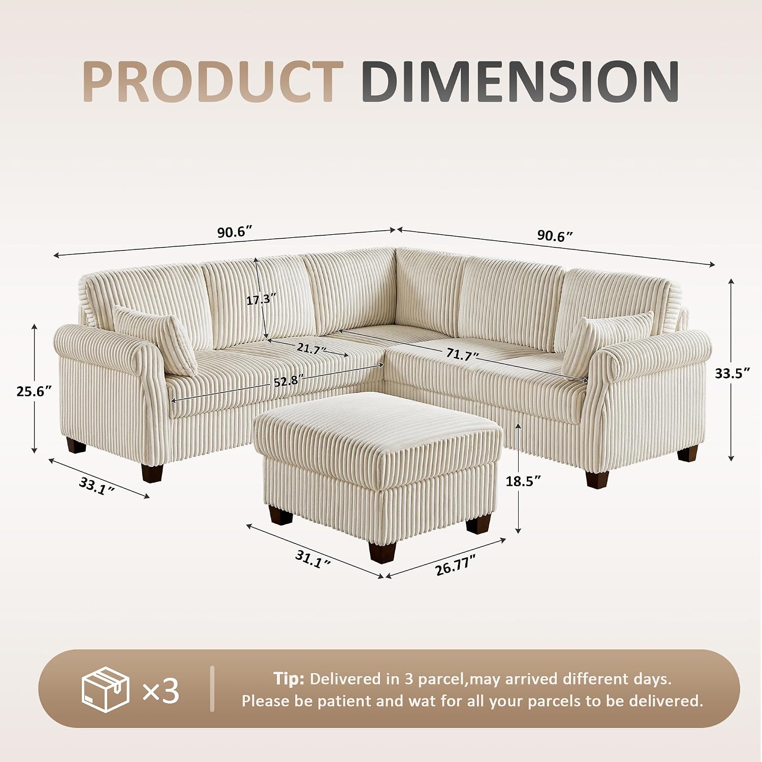 90.6" V-Shaped Sectional Sofa with Storage Ottoman, Corduroy Beige | Cloud Comfort, Couches for Living Room, 5-Seat, Comfy Deep Seat, 2 Throw Pillows, Bedroom, Apartment, Office