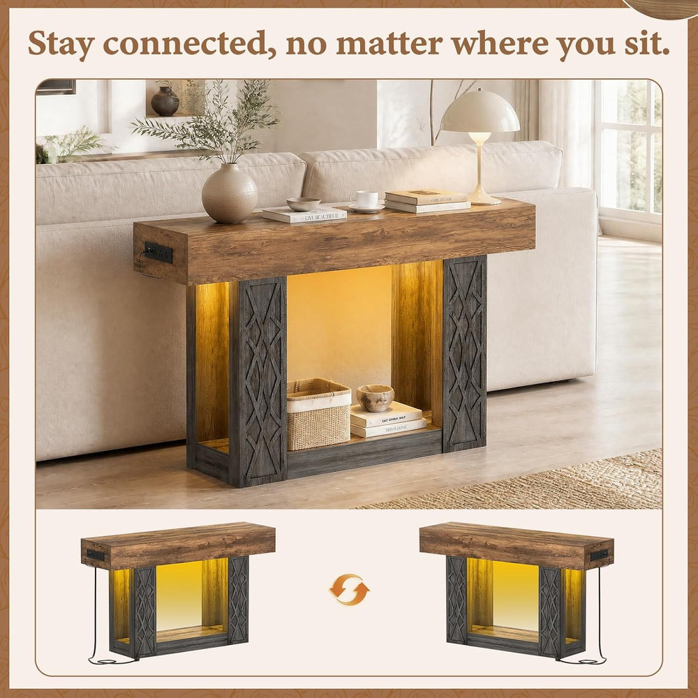 Unikito 47" Console Sofa Table with Power Outlet & LED Light, Grey &...