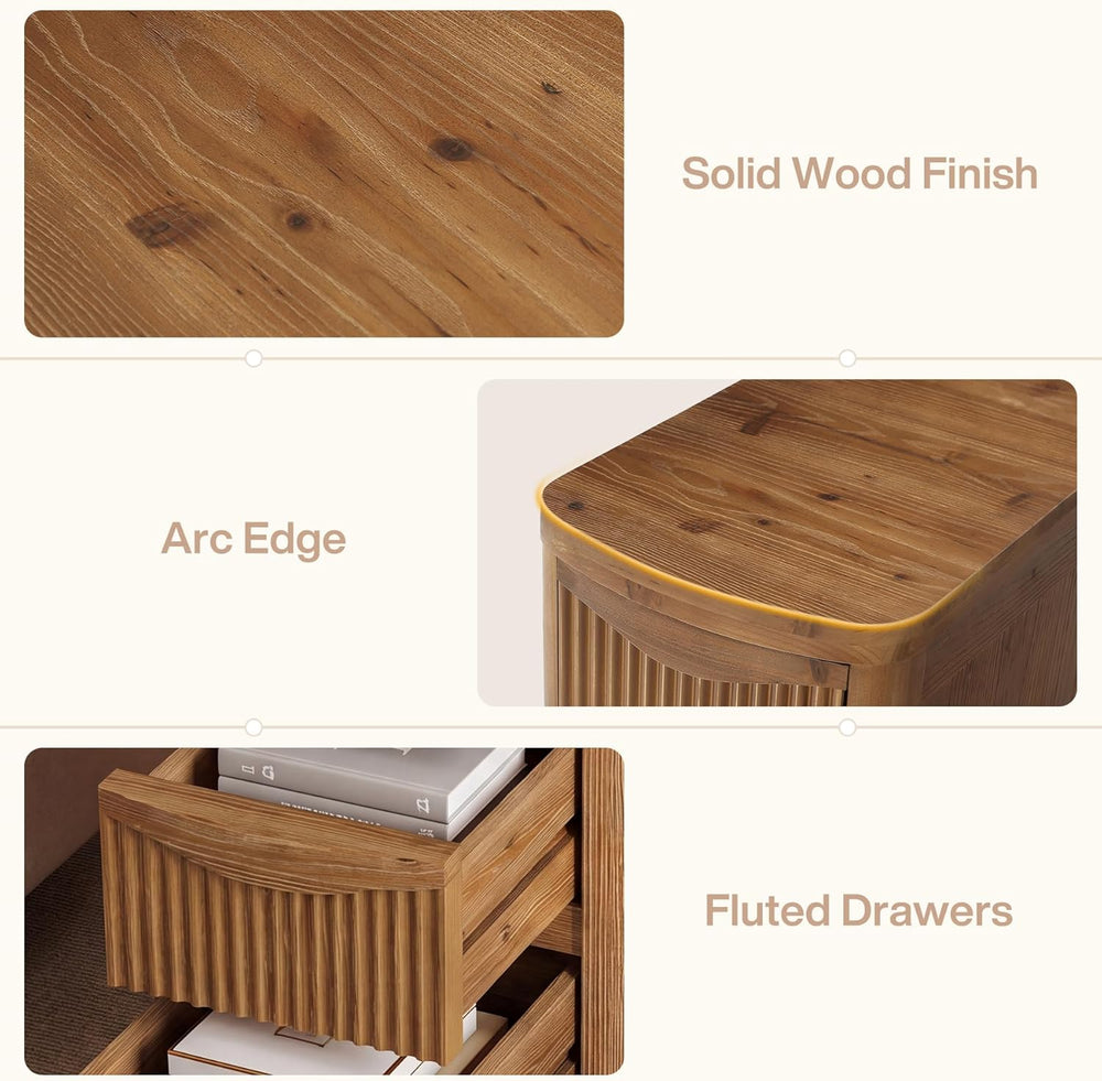Solid Wood End Table with 3 Drawers, 24" Farmhouse Fluted Narrow Side Ta...