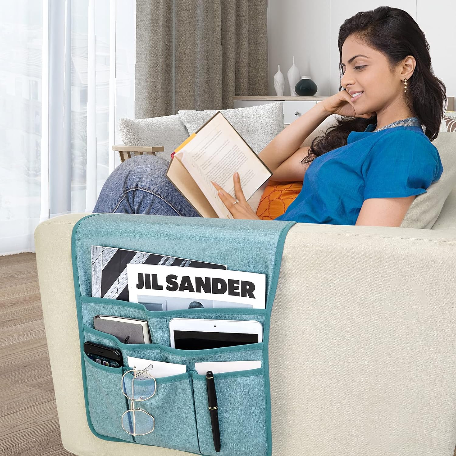 Teniux Remote Control Holder Faux Leather Armrest Organizer with 6 Pockets for Recliner Couch Sofa, Armchair Caddy for Smart Phone, Book, Magazines, Ipad, Remotes (Teal)